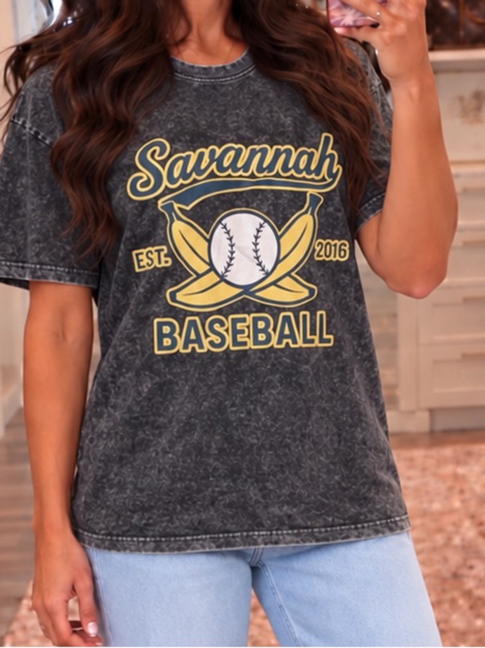 Savannah Baseball Charcoal Acid Wash Oversized Graphic T-Shirt